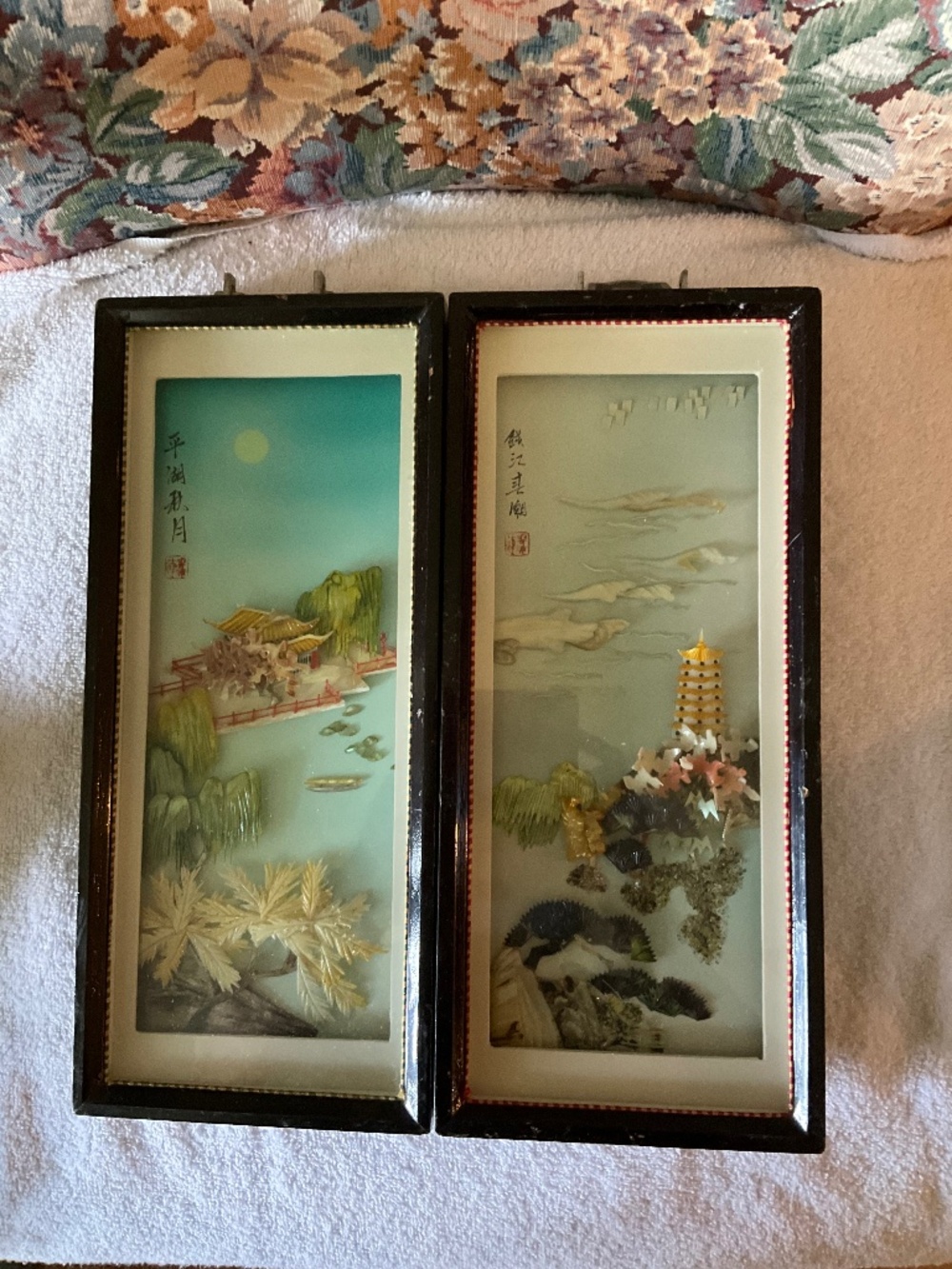 EUC Lot of 2 Vintage Chinese Shell Art Shadow Box Diorama